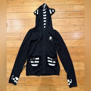 RARE GRAIL Bye Bye Kitty Black Vintage Cat Ear Corset Back Hoodie Sz S.